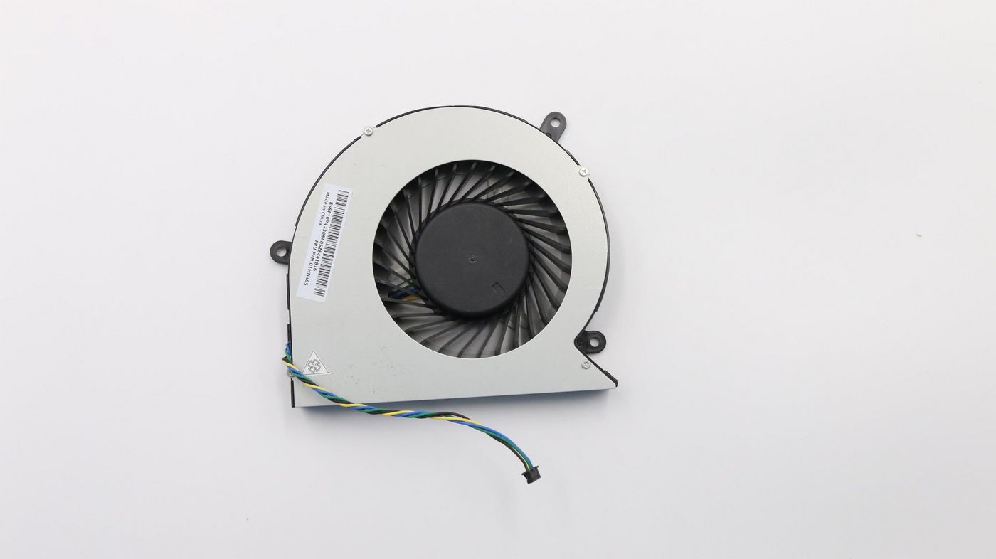 Silver and black Lenovo cooling fan with a circular design, featuring a central black motor and multicolored wires, measuring 110x15mm.