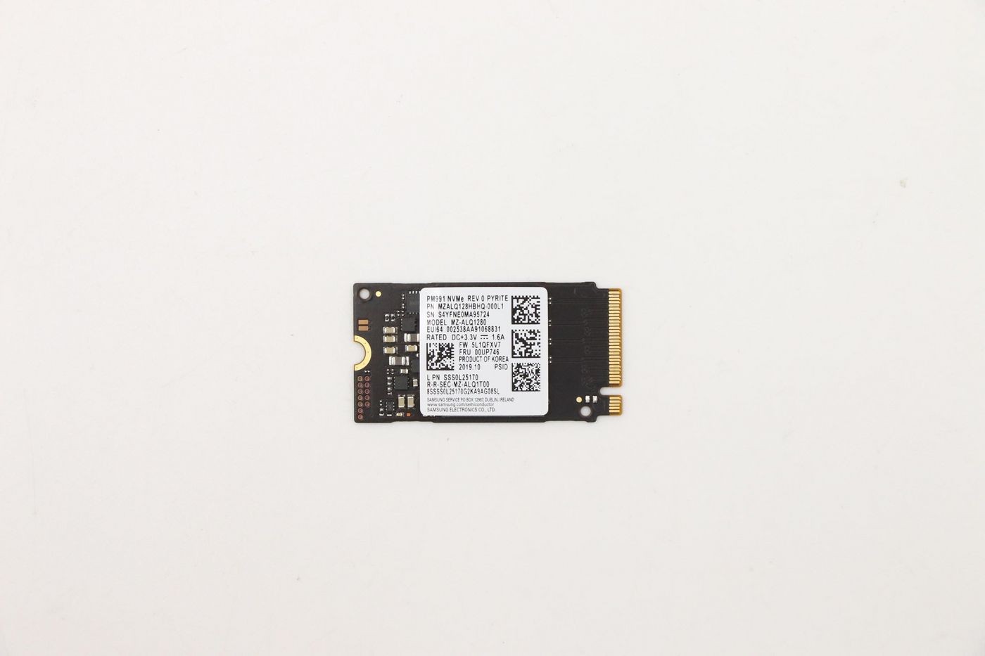 Lenovo 128G M.2 2242 NVMe SSD in black, featuring a gold connector and a white label with QR codes and specifications printed in black.
