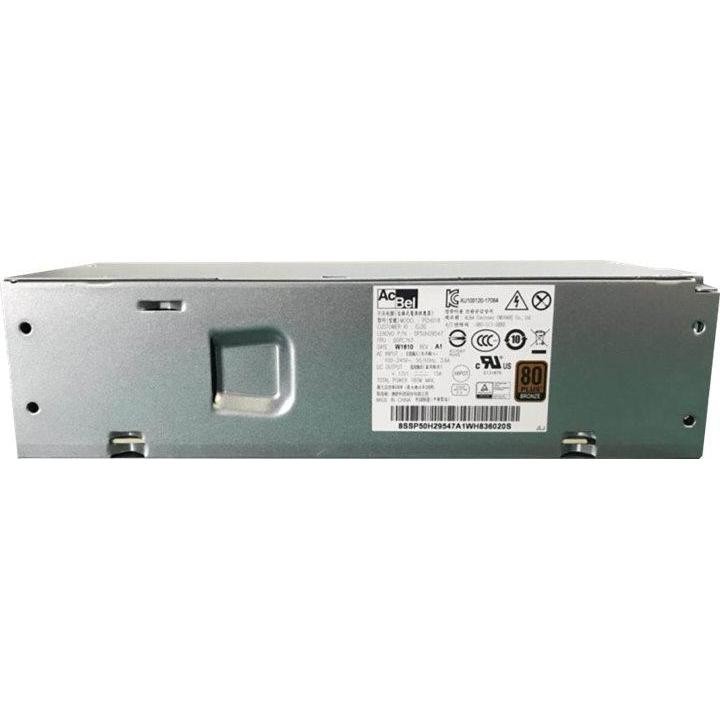 Silver Lenovo 180W power supply unit featuring a rectangular design, labeled with technical specifications and safety certifications on one side.