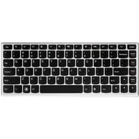 Black Lenovo notebook keyboard with chiclet keys and white lettering, compact layout, and silver trim.