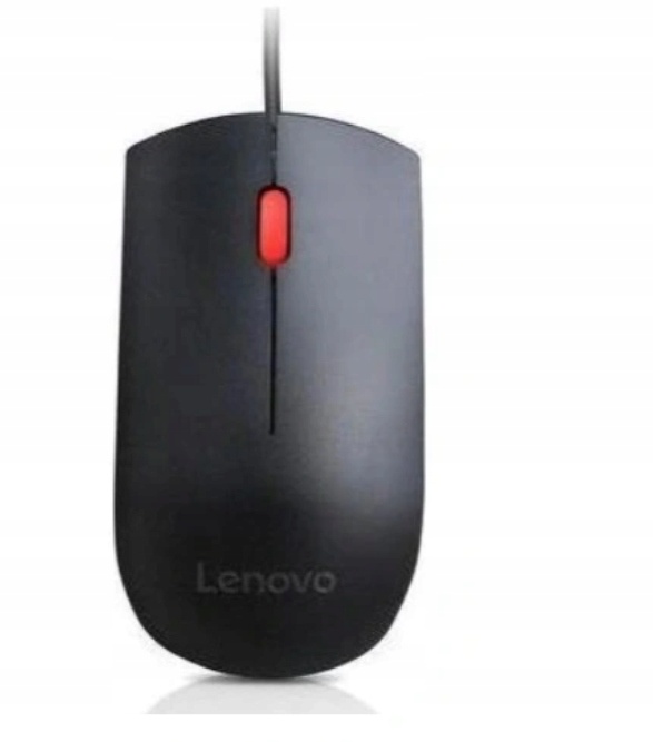 Black Lenovo optical USB wheel mouse featuring three buttons, a red scroll wheel, and a smooth, matte finish.