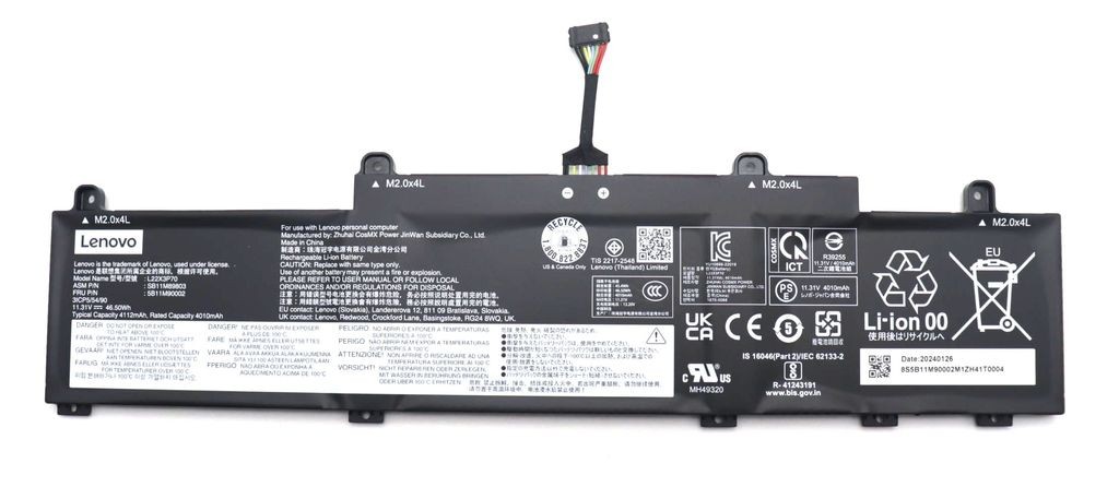 Black Lenovo 3-cell lithium-ion internal battery with multiple labels, connectors, and a wire harness, designed for specific Lenovo laptop models.