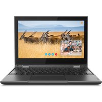Black Lenovo 300e 2nd Gen 11.6" Hybrid Chromebook with touchscreen and 360-degree hinge, displaying wildlife image.