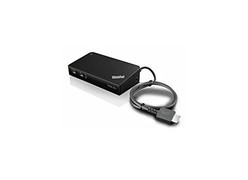 Black Lenovo 40A40090EU Notebook Dock with a wired USB 3.2 Gen 1 connection, featuring multiple ports and a sleek, compact design.