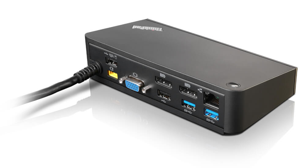 Black Lenovo 40A40090EU wired USB hub featuring multiple USB 3.2 Gen 1 ports, a VGA port, and an Ethernet port, with a sleek, rectangular design and a single connecting cable.