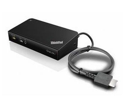 Black Lenovo 40A40090IT laptop dock with a sleek design, featuring multiple ports and a connected cable for easy connectivity.