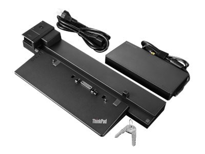 Black Lenovo 40A50230DK Notebook Dock with a sleek design, featuring multiple ports, a power adapter, and keys for security, ideal for connecting devices and enhancing productivity.