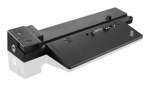 Lenovo 40A50230IT laptop docking station in black, featuring multiple ports, a sleek design, and a compact form for easy connectivity and workspace organization.