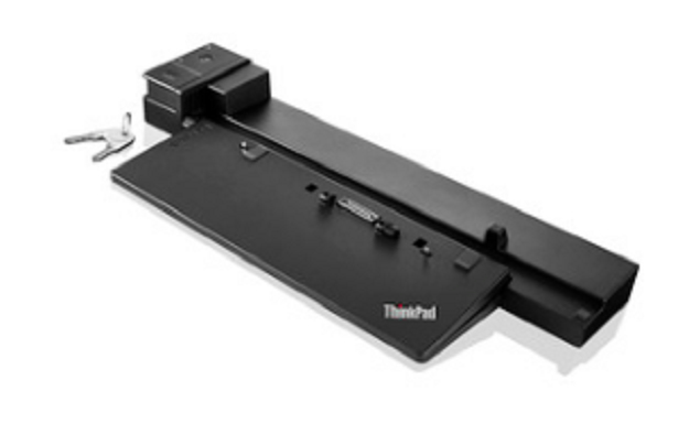 Black Lenovo docking station featuring multiple ports, a sleek design, and a ThinkPad logo, designed for connecting laptops and peripherals efficiently.