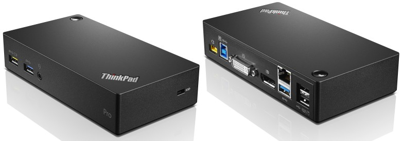 Black Lenovo ThinkPad laptop dock with USB 3.2 Gen 1 ports, featuring multiple connectivity options including HDMI, DVI, and USB ports, sleek rectangular design with a matte finish.
