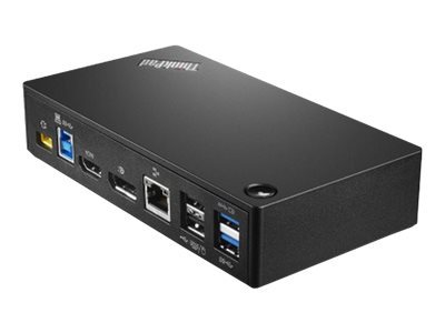 Black Lenovo 40A80045IT Notebook Dock features multiple ports including USB 3.2 Gen 1, HDMI, and Ethernet, with a sleek, compact design for easy connectivity.