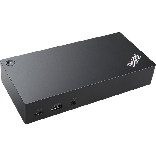 Black Lenovo ThinkPad laptop dock with USB 3.2 Gen 1 ports, featuring a sleek rectangular design, logo on top, and multiple connectivity options on the side.