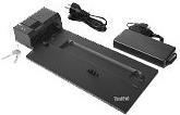 Black Lenovo 40AG0090DK laptop docking station with a sleek design, featuring multiple ports, a power adapter, and keys for security.