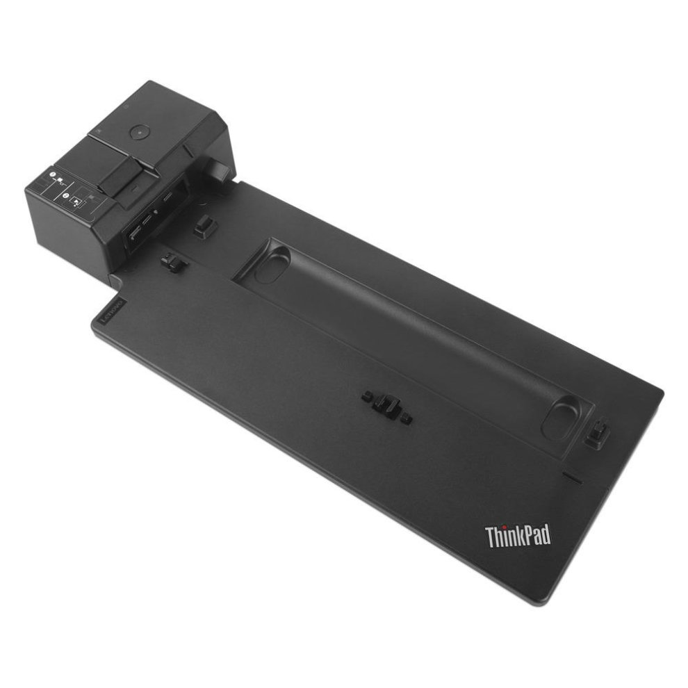 Black Lenovo 40AG0090UK laptop docking station with multiple ports, a smooth surface, and a sleek design featuring the ThinkPad logo.