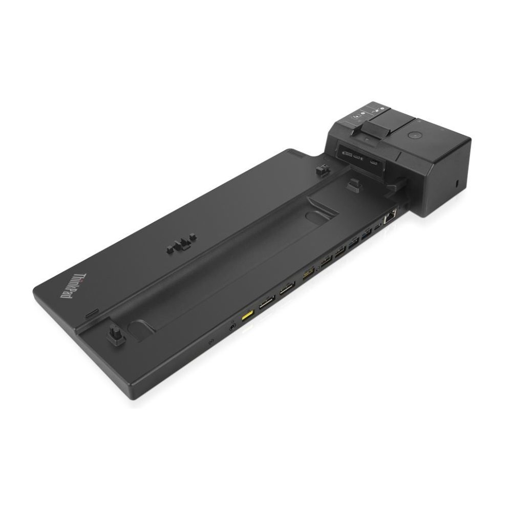 Lenovo 40AH0135DK laptop docking station in black, featuring multiple ports including USB, HDMI, and Ethernet, with a sleek, durable design for enhanced connectivity.