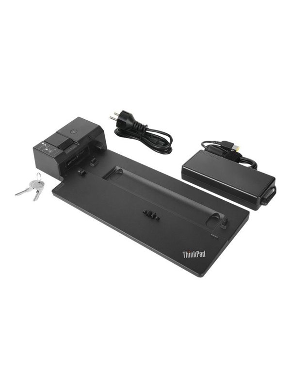 Black Lenovo ThinkPad docking station with multiple ports, power adapter, and keys, featuring a sleek design and sturdy material for enhanced connectivity.