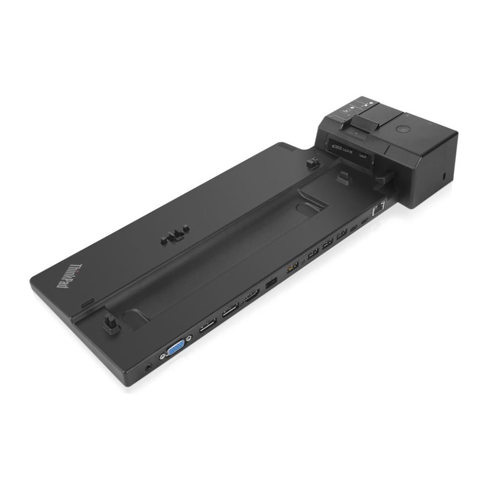 Black Lenovo 40AJ0135DK Notebook Dock features multiple ports, including USB and VGA, with a sleek, matte finish and a compact design for easy connectivity.