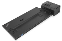 Black Lenovo 40AJ0135EU laptop docking station featuring multiple ports, including USB and HDMI, with a sleek design and a compact footprint for easy connectivity.