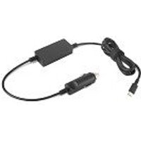 Black Lenovo mobile device charger with rectangular adapter and coiled DC auto plug.