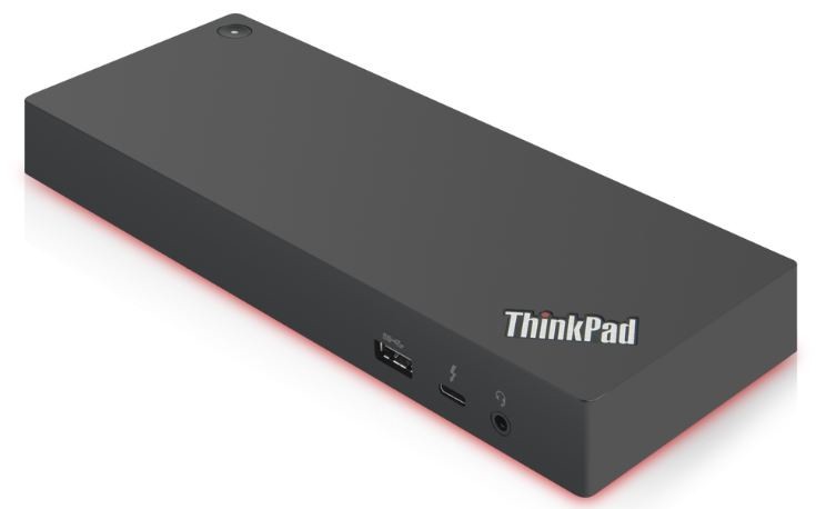Black Lenovo ThinkPad laptop dock with a sleek design, featuring multiple ports including USB and Thunderbolt 2, and a subtle red accent along the base.