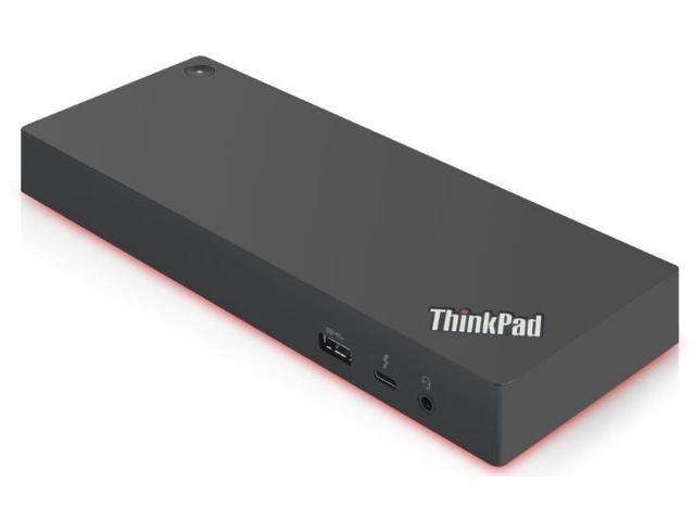 Black Lenovo ThinkPad laptop dock with a sleek design, featuring multiple ports including USB and Thunderbolt 3, and a subtle red LED accent.