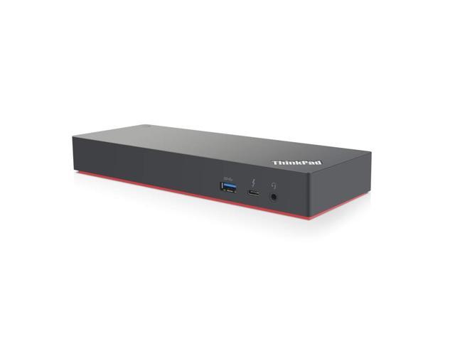 Black Lenovo ThinkPad laptop dock with a sleek design, featuring Thunderbolt 3 ports, USB ports, and a red accent along the bottom edge.