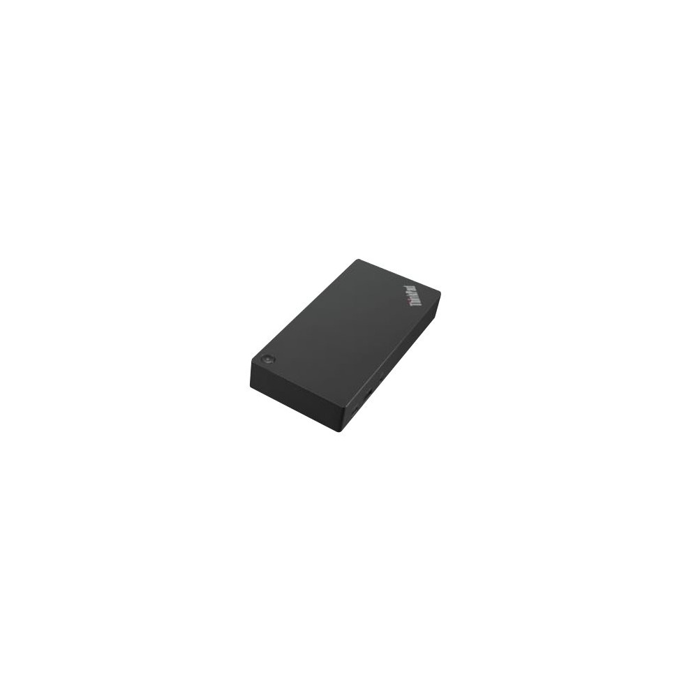 Black Lenovo 40AS0090EU laptop dock with a sleek, rectangular design, featuring USB 3.2 Gen 1 connectivity for easy port replication.