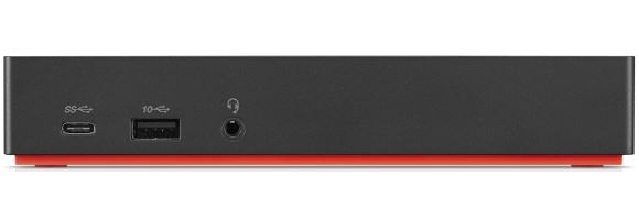Black Lenovo 40AS0090IT laptop dock featuring USB 3.2 Gen 1 ports, a USB-C port, and a headphone jack, with a vibrant red accent along the bottom edge.