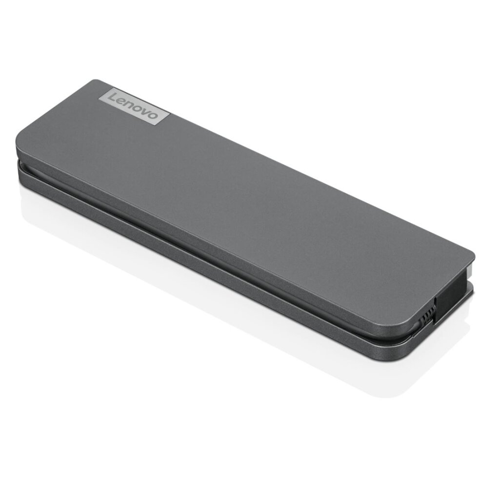 Lenovo 40AU0065UK laptop dock in sleek black, featuring a slim, rectangular design with a smooth finish and the Lenovo logo on top, designed for USB 3.2 Gen 1 connectivity.