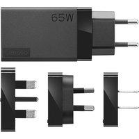 Black Lenovo 65W mobile charger with multiple plug adapters for universal indoor use.