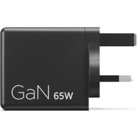 Black Lenovo 65W power adapter with UK plug and GaN technology, compact rectangular design.