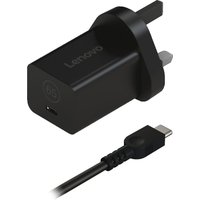 Black Lenovo 65W power adapter with UK plug and USB-C connector cable.