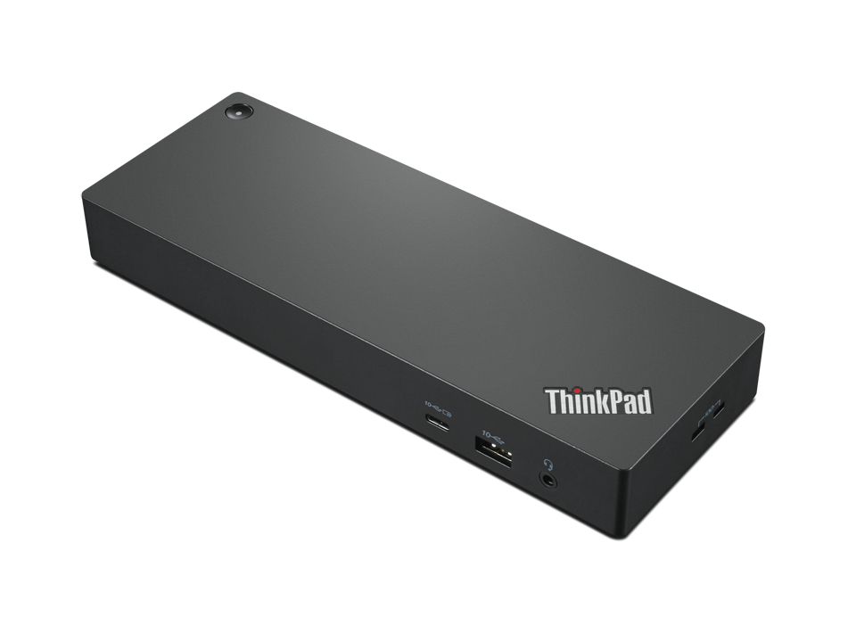 Black Lenovo ThinkPad laptop dock with a sleek design, featuring multiple ports including Thunderbolt 4, USB-A, and a power connector, ideal for expanding connectivity options.