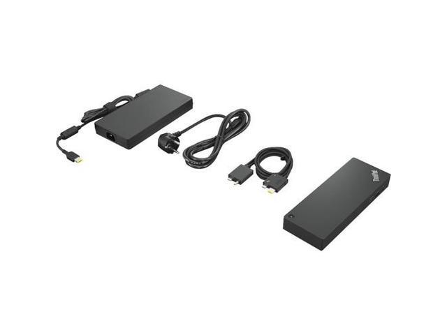 Black Lenovo 40B00300IT Laptop Dock with wired Thunderbolt 4, featuring multiple ports, power cable, and a sleek, minimalist design.