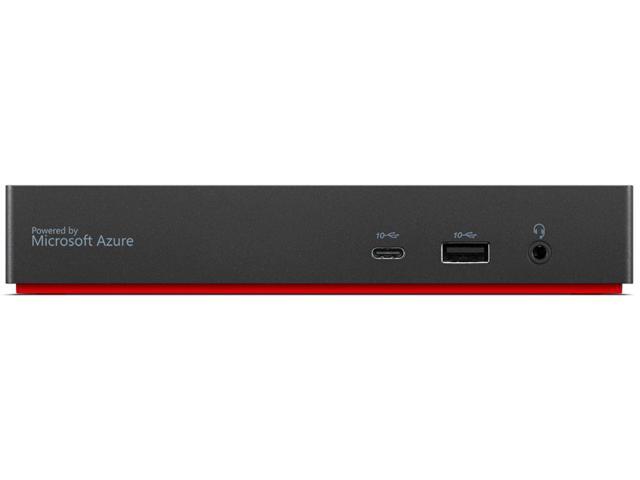 Lenovo 40B20135IT laptop dock in sleek black with a red base, featuring USB 3.2 Gen 1 ports, a headphone jack, and a "Powered by Microsoft Azure" label.