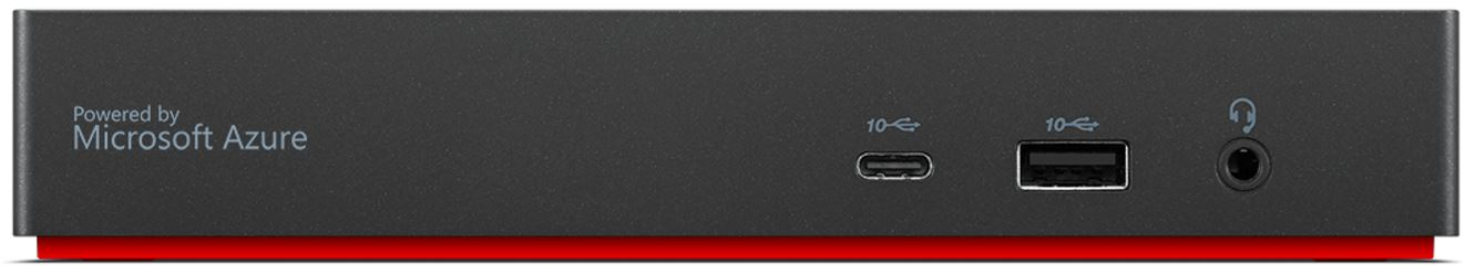 Black Lenovo laptop dock featuring USB 3.2 Gen 1 Type-A and Type-C ports, a headphone jack, and a textured surface with a red base.