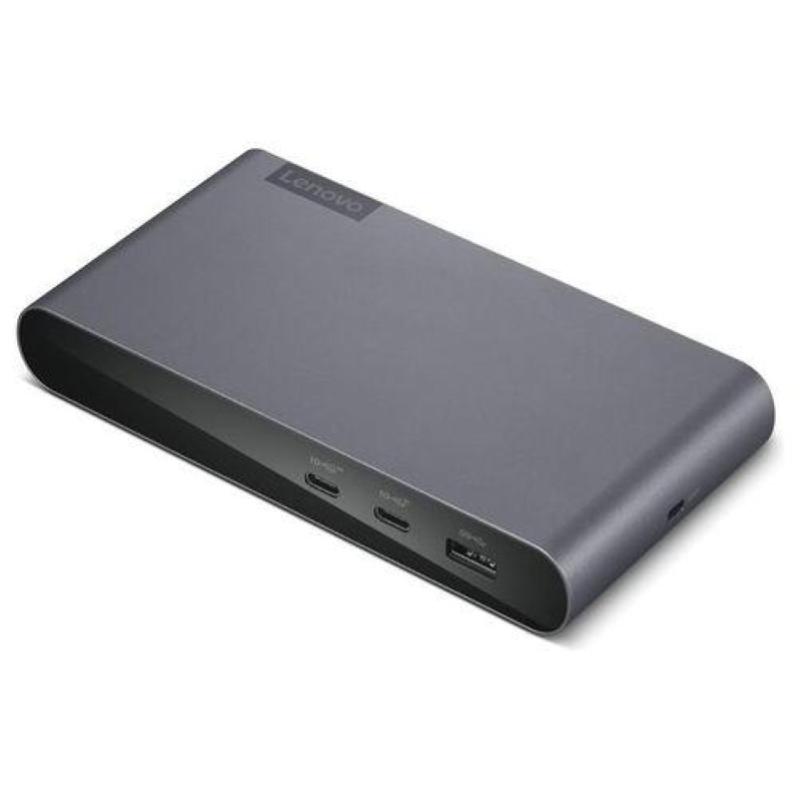 Refurbished Lenovo USB-C Universal Business Dock in sleek gray, featuring multiple ports including USB-C, HDMI, and a USB-A, designed for efficient connectivity.