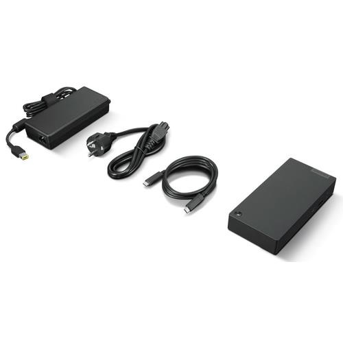 Black Lenovo 40B50090UK laptop dock with a sleek design, accompanied by a power adapter, power cable, and USB cable, all featuring a modern, minimalist aesthetic.