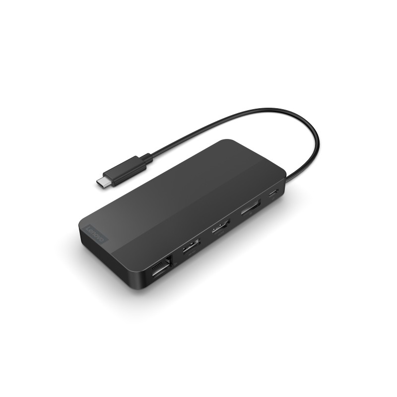 Lenovo USB-C Wired Travel Dock in sleek black, featuring multiple ports including USB-A, HDMI, and Ethernet, with a connected USB-C cable for easy connectivity.