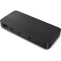 Black Lenovo laptop dock with multiple ports including USB 3.2 Gen 1, HDMI, and Ethernet on a sleek rectangular design.