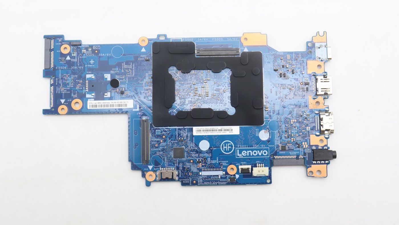 Blue Lenovo motherboard featuring multiple ports, including USB and HDMI, with a black CPU socket and various electronic components arranged on the circuit board.