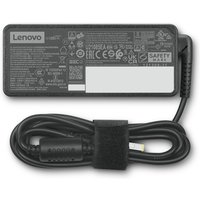 Black Lenovo 65W power adapter with rectangular shape, detailed label, and coiled cable secured by a velcro strap.