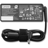 Black Lenovo power adapter with rectangular body, multiple certification logos, and attached coiled cable with plug.