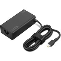 Black Lenovo 65W power adapter with rectangular body, attached USB-C cable, and Velcro strap.