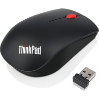 Black Lenovo wireless mouse with red scroll wheel and USB receiver, ThinkPad logo on top.