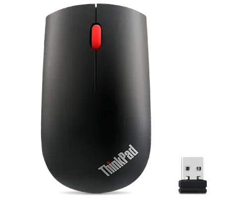 Black Lenovo ThinkPad wireless mouse with a red scroll wheel and logo, accompanied by a USB receiver for connectivity.