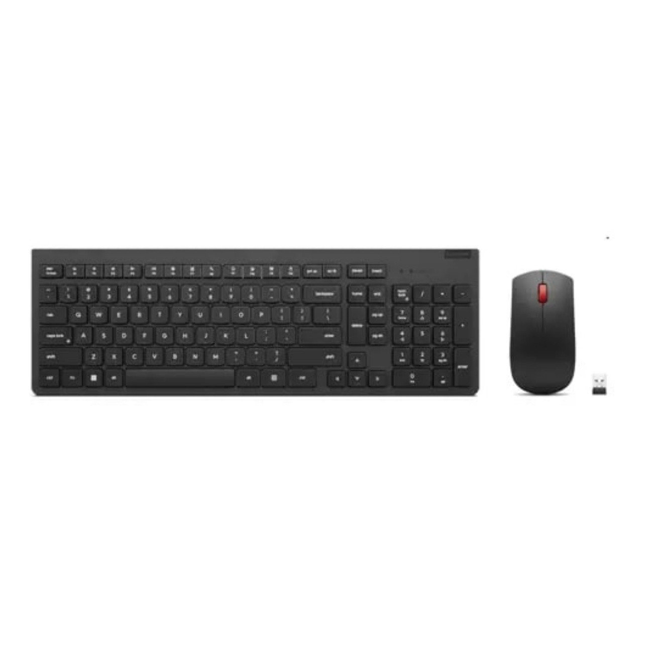 Black Lenovo wireless keyboard with a sleek design, featuring a full set of keys, accompanied by a matching black mouse with a red scroll wheel and a USB receiver.