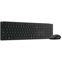 Black Lenovo wireless keyboard and mouse set, sleek design, full-size keyboard with numeric pad, compact mouse.