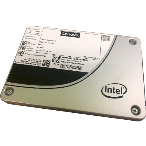 Lenovo 4XB7A13626 internal solid state drive, 3.5", 480 GB, featuring a silver metal casing with a black Intel logo and product label on top.