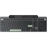 Black Lenovo Bluetooth keyboard with UK layout, slim design, green accents, and integrated device holder.